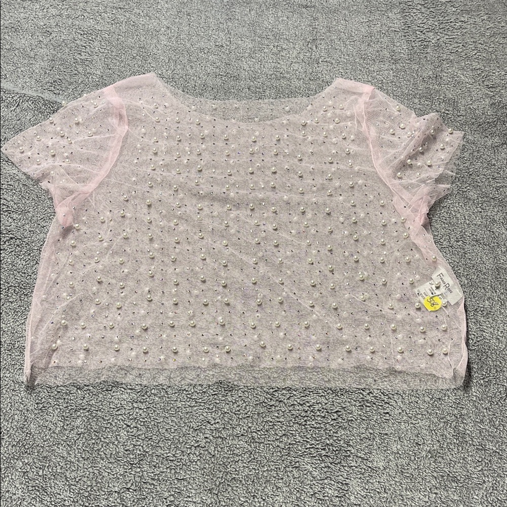 Girls' Pink Pearl-Embellished Mesh Top